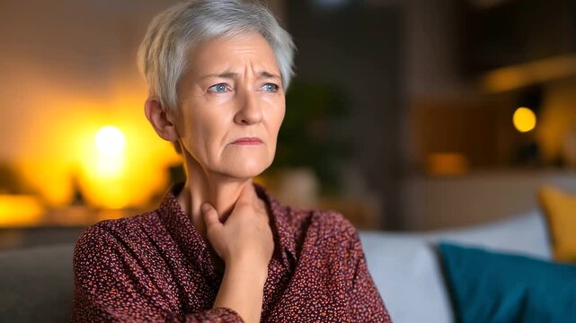 A senior woman seated on her couch hand placed against her throat in visible pain swollen tonsil glands indicated by strained expression cozy living room dimly lit with warm ton