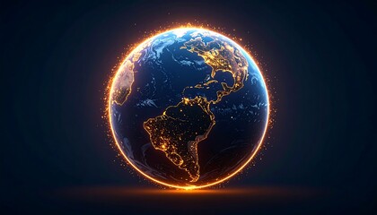 Earth globe, glowing fiery edge, city lights