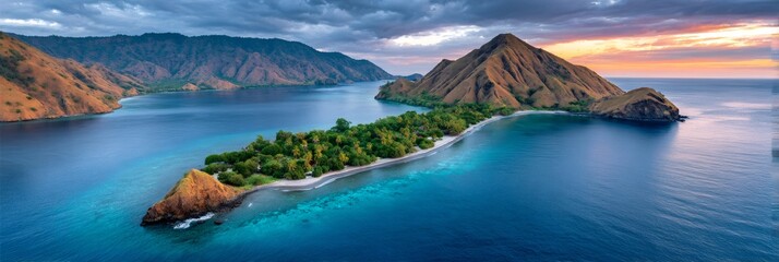 Flores island coast panorama at sunset illuminating ocean water