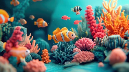 Colorful Underwater Scene with Coral and Tropical Fish Objects