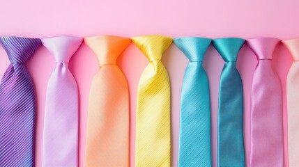 Colorful Ties in a Row Against a Soft Pink Background