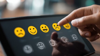 Expressing Sentiment: A hand interacting with a digital interface, selecting from a range of expressive emoticons, capturing the essence of digital interaction and emotional feedback.