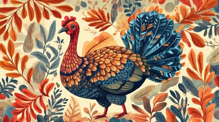 Colorful Turkey Among Vibrant Leaves and Floral Patterns