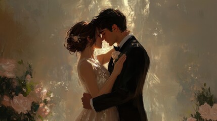 Romantic Embrace of Bride and Groom in Soft Floral Setting