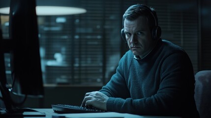 Focused Man in Headphones Working Late at Computer Desk at Night