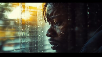 Contemplative Man Staring Through Window with Raindrops and Reflection