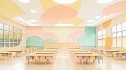 Bright and Colorful Classroom with Wooden Furniture and Cheerful Design