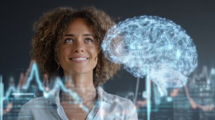 Naklejka premium A confident woman visualizing success with a glowing brain and data graphs, showcasing cognitive potential and growth.