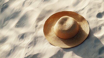 Straw Hat on Sandy Beach at Sunset with Soft Light Reflection