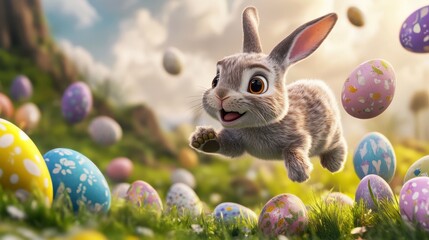 Playful Rabbit Joyfully Leaping Over Colorful Easter Eggs in Spring