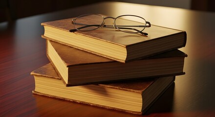 Old Books and Antique Eyeglasses on Wooden Table – Golden Light Reflecting Wisdom and Time
