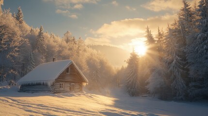 Cozy wooden cabin in snowy forest with golden sun rays at sunrise
