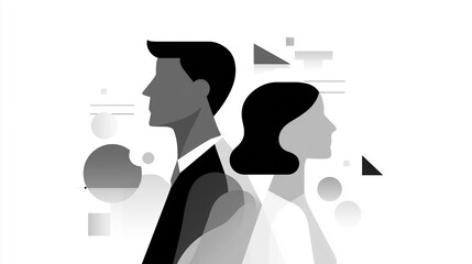 Abstract illustration of a man and woman standing back to back, featuring geometric shapes and a monochromatic color scheme, symbolizing partnership and contrast in relationships