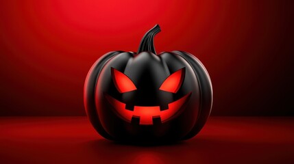 Black Halloween Pumpkin with Red Eyes Glowing on Dark Background