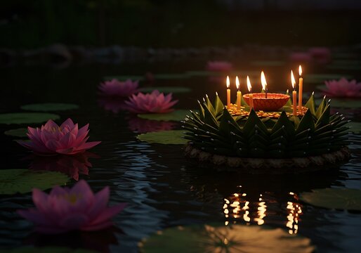 Floating candles and lotus flowers illuminate dark water at night
