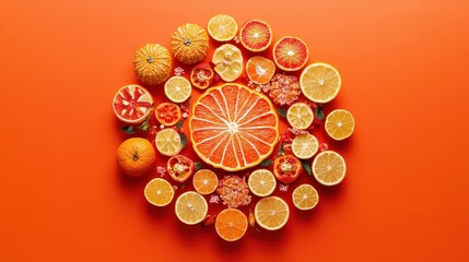 Vibrant Citrus Arrangements on Bright Orange Background