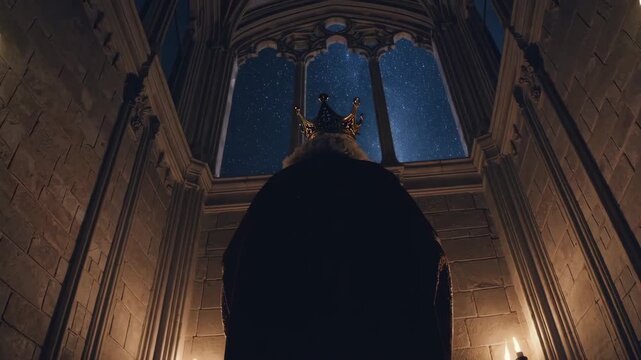 Back view of a medieval king standing inside a castle at night.