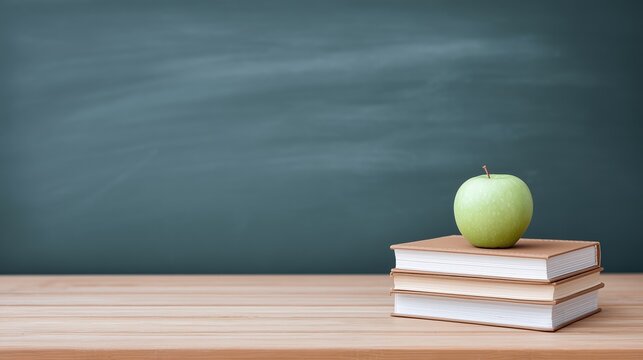 Green apple resting on a stack of books on a wooden table in front of a chalkboard, symbolizing education, knowledge, and learning environment for students and teachers