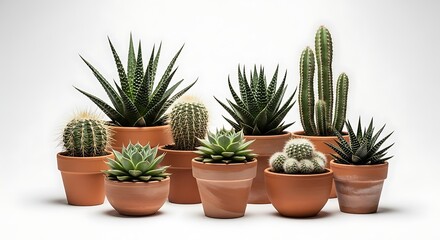 Diverse potted cacti and succulents against a clean white backdrop