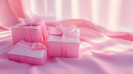 Delicate Pink Gifts on Soft Pink Fabric with Gentle Light Background