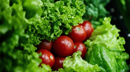 Fresh Vegetables with Red Tomatoes and Crisp Green Lettuce Leaves