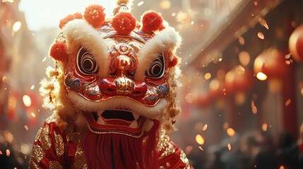Colorful Lion Dance Performance in Vibrant Street Festival Scene