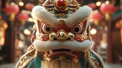 Detailed Ornate Lion Sculpture with Vibrant Decor and Bright Colors