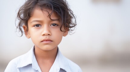 Young boy with curly hair wearing a light blue shirt gazes thoughtfully at the camera, showcasing innocence and curiosity in a soft, blurred background environment