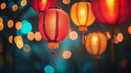 Colorful Lanterns Glowing Brightly in Night Festival Celebration