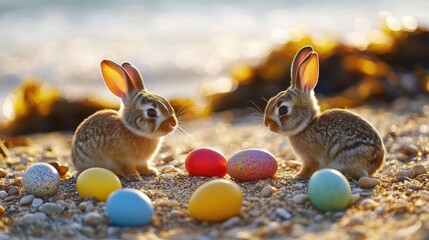 Adorable Rabbits Surrounded by Colorful Easter Eggs on Beach