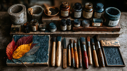 Autumnal Linocut Printmaking Tools Flatlay