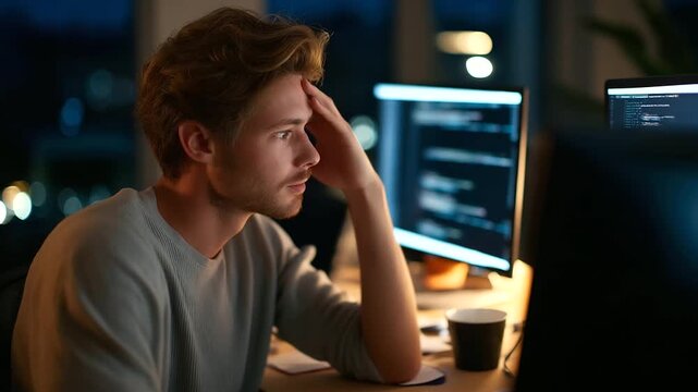 A stressed software engineer seated at a cluttered desk fingers running through hair while staring at broken lines of code on dual monitors coffee cup half empty beside scattered