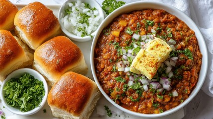 A delicious bowl of spicy vegetable stew garnished with butter and fresh herbs, served with soft bread rolls.