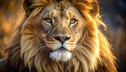 Fototapeta premium A majestic lion is captured in a portrait, showcasing its powerful gaze and intricate mane.
