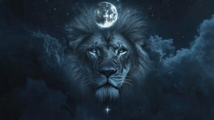 Majestic Lion Under Full Moon Surrounded by Starry Night Sky