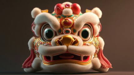 Vibrant Chinese Lion Dance Mask with Intricate Details and Colors