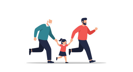 A grandfather father and daughter running together happily in the park.