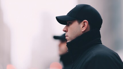 Male figure in black cap and jacket stands in profile against a blurred urban backdrop, exuding a sense of vigilance and focus in a city environment