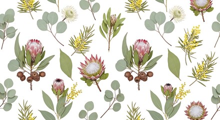 Floral botanical pattern featuring protea and green leaves