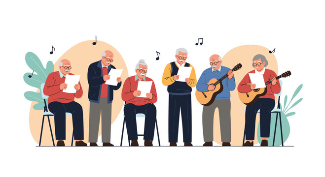 A group of senior men singing and playing music together outdoors.