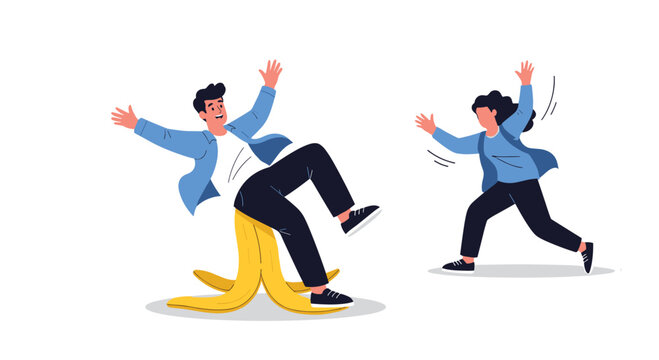 Man slips on banana peel while another person reacts.