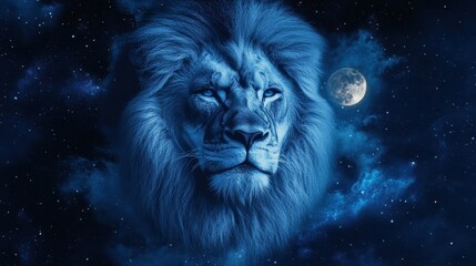 Majestic Lion Portrait in Cosmic Night Sky with Full Moon