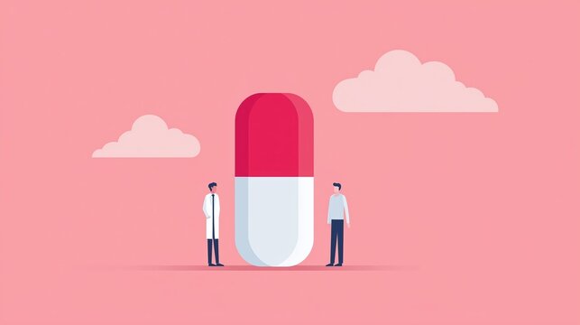 Two male characters standing beside a large capsule illustration, with a pink background and soft clouds, representing healthcare, medicine, and pharmaceutical concepts in a creative way