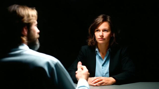 An investigator interviewing an angry female prison inmate expressions intense across a stark interrogation table cold fluorescent light casting sharp shadows atmosphere of