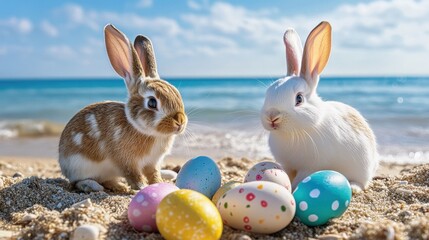 Cute rabbits with colorful eggs on sandy beach by blue ocean