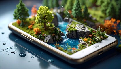 A miniature landscape featuring a waterfall and lush greenery displayed on a smartphone, with water droplets around it