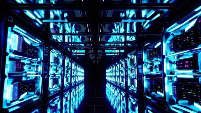 Supercomputer and quantum server racks in data center control room.