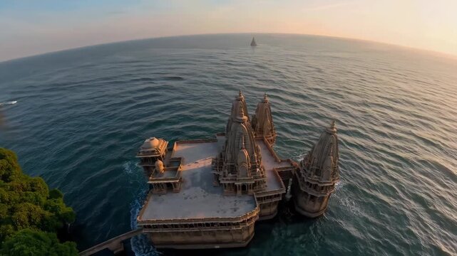 Ancient Hindu city of Dwarka with temples above the ocean.