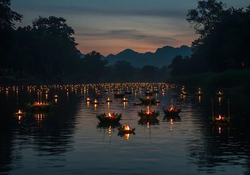 Floating lanterns illuminate serene water at dusk with mountains and trees