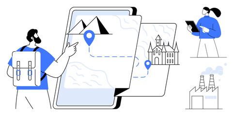 Backpacker pointing at a digital map with destinations marked, alongside a professional analyzing on a tablet. Ideal for travel, navigation, exploration, tourism, technology, journey, simple landing